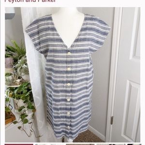 Peyton & Parker | Blue & White Striped Cotton & Linen Blend Midi Dress